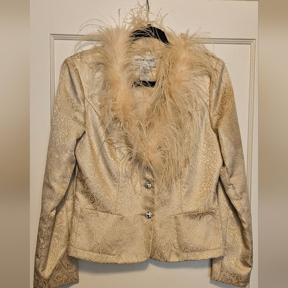 Victor Costa Jackets & Blazers - Vintage Victor Cosa Gold Paisley Jacket, Ostrich Feather, Rhinestone Buttons.